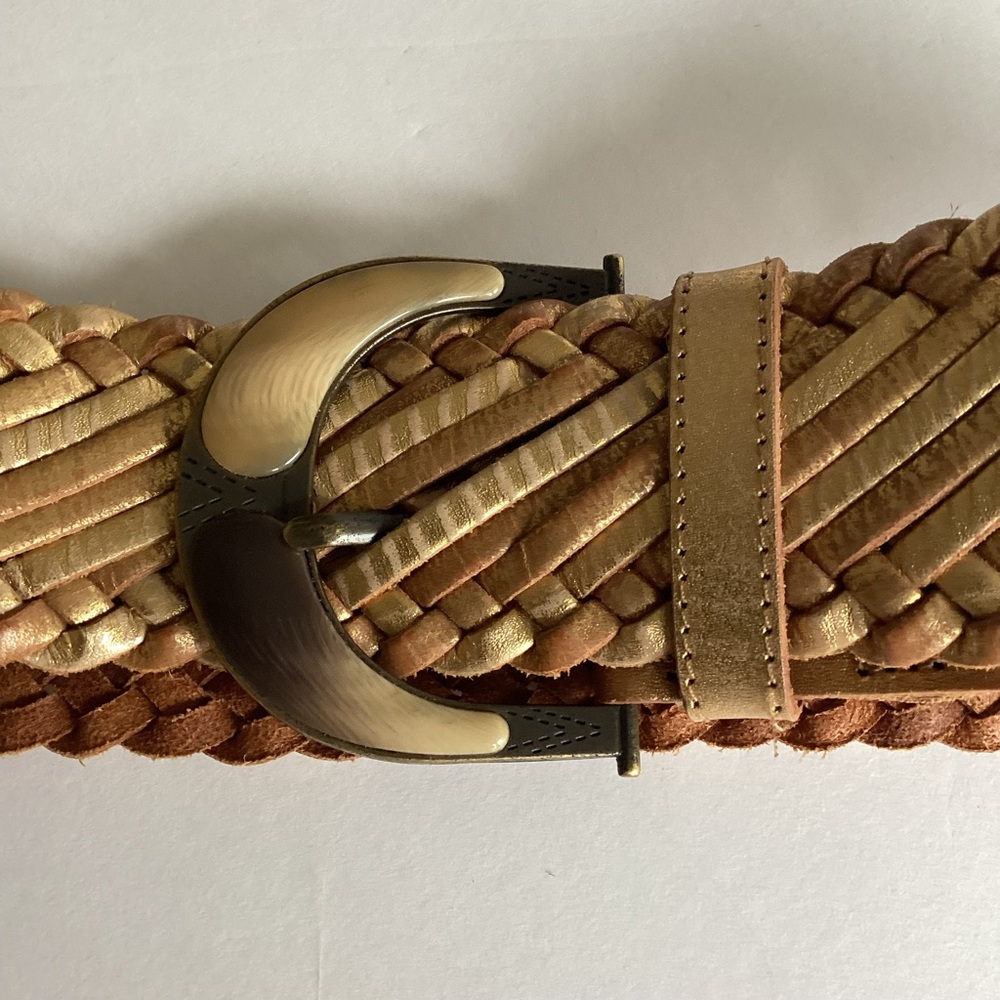 Linea Pelle Belt Small Gold Leather Braided Wide Statement - Picture 3 of 9